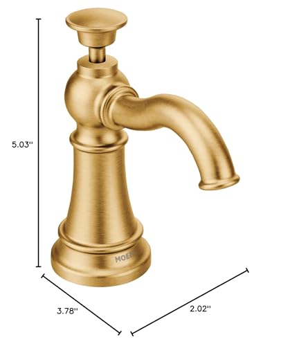 Brushed gold deck-mounted kitchen soap dispenser with curved spout and pump top, 5.03 inches tall.