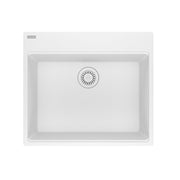 Polar white granite single bowl undermount kitchen sink with rounded corners and chrome drain strainer.