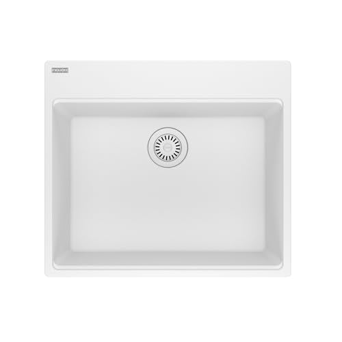 Polar white granite single bowl undermount kitchen sink with rounded corners and chrome drain strainer.
