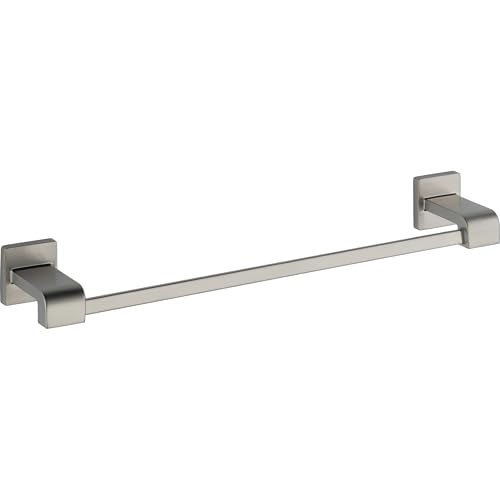 Brushed nickel towel bar with square mounting brackets on each end.