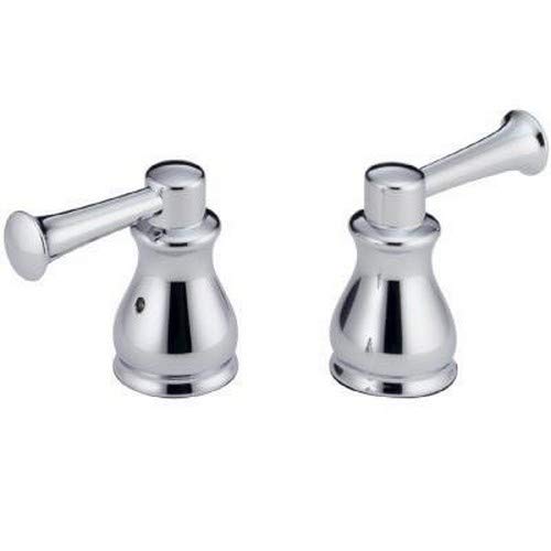 Pair of chrome metal lever handles with bell-shaped bases for Roman tub faucet installation.
