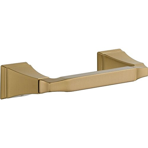 Brushed gold toilet tissue holder with tapered rectangular mounting plates on each end.