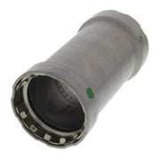 Silver cylindrical press coupling with ribbed grip ring and green indicator dots on metallic body.