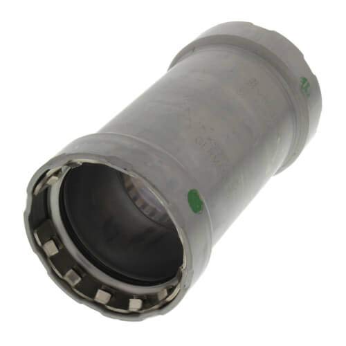 Silver cylindrical press coupling with ribbed grip ring and green indicator dots on metallic body.