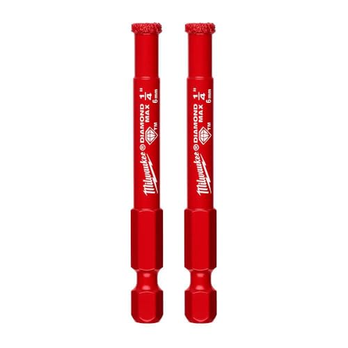 Two red diamond grit hole saws with 1/4 inch diameter and diamond-coated cutting heads.