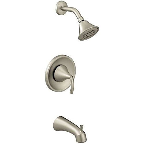 Brushed nickel tub/shower faucet set with single-handle valve, curved spout, and showerhead with adjustable spray pattern.