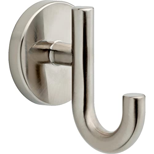 Brushed nickel robe hook with curved hook arm and circular wall plate.