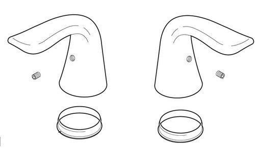Two stainless steel bathroom faucet handles with curved lever arms shown from front view with mounting bases.