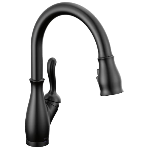 Black single-handle pull-down kitchen faucet with curved spout and touch-activated control lever.