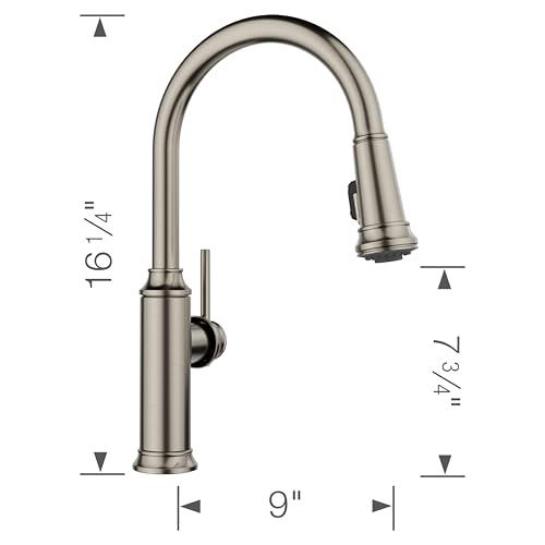 Satin platinum pull-down kitchen faucet with high curved spout and single lever handle, 16 1/4 inches tall.