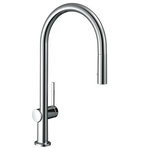 Chrome kitchen faucet with high curved spout and pull-down spray head with single lever handle.