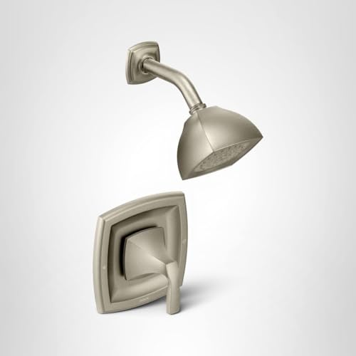 Brushed nickel shower trim kit with curved showerhead, curved arm, and single-lever valve trim in square design.