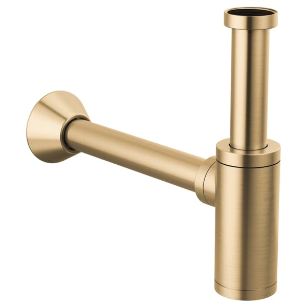 Champagne bronze bottle trap with cylindrical body, horizontal outlet tube, and circular wall-mounted flange.