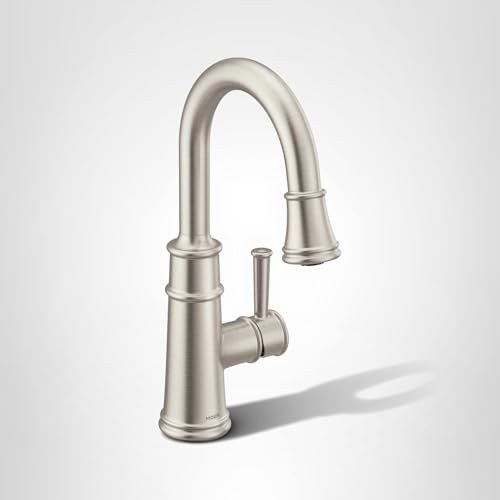 Stainless steel single-handle pulldown bar faucet with curved spout and side lever control.