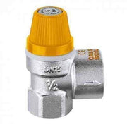 Silver and gold solar safety relief valve with yellow cap and threaded pipe connections.