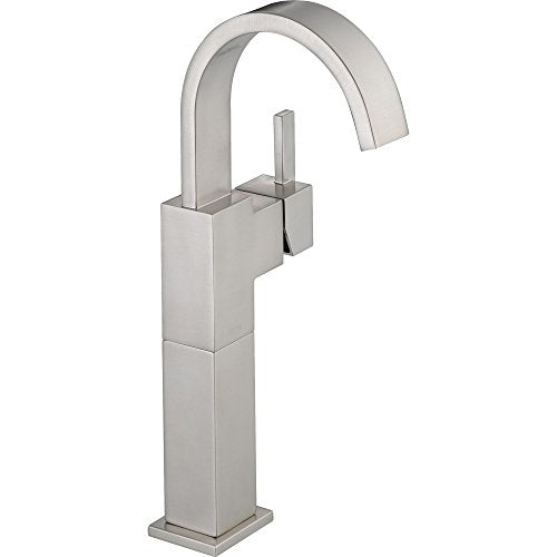 Chrome single-handle vessel faucet with curved spout and square base.
