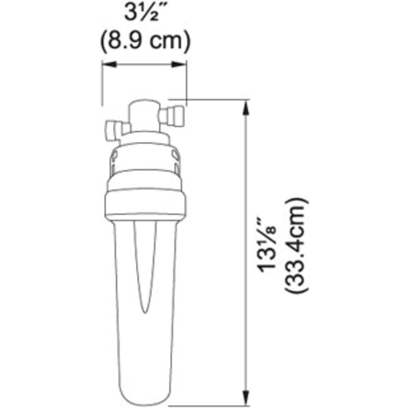 Cylindrical thermoplast filter canister with top-mounted valve assembly and connection ports, measuring 3½ inches wide by 13⅜