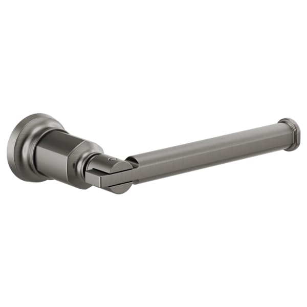 Gunmetal gray tissue holder with cylindrical bar and circular wall-mounted base plate.