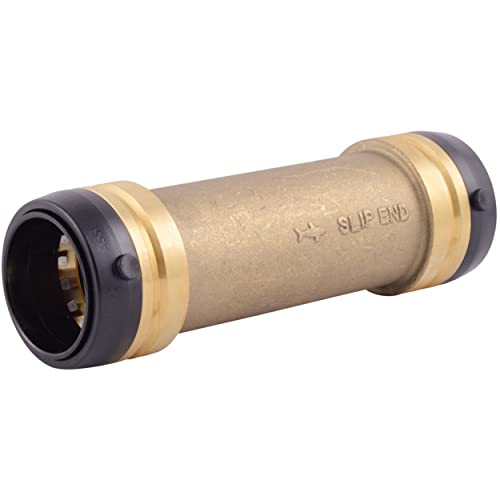 Brass slip coupling fitting with black push-to-connect ends and grip rings on both sides.