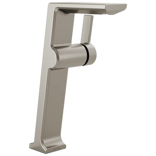 Brushed nickel single-handle vessel bathroom faucet with tall spout and cylindrical handle lever.