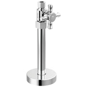 Chrome straight supply stop valve with cross handle and round mounting base.