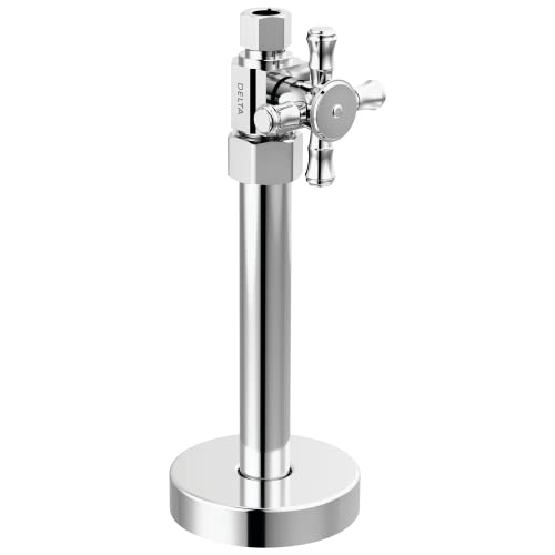 Chrome straight supply stop valve with cross handle and round mounting base.