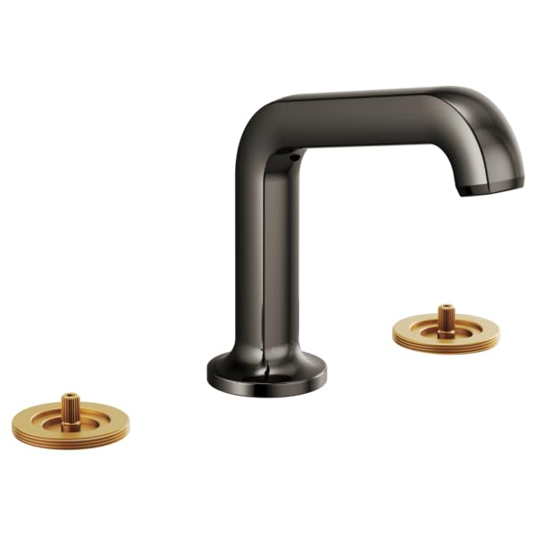 Black matte widespread lavatory faucet with angled spout and two gold circular base plates, handles not included.