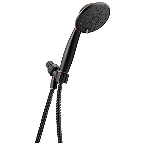 Oil rubbed bronze hand shower with adjustable bracket and flexible hose attached.