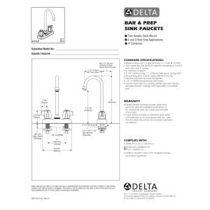 Chrome two-handle bar faucet with curved spout and blade handles, shown in installation diagram and product documentation.