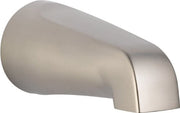 Stainless steel tub spout with curved design and angled outlet for water delivery.