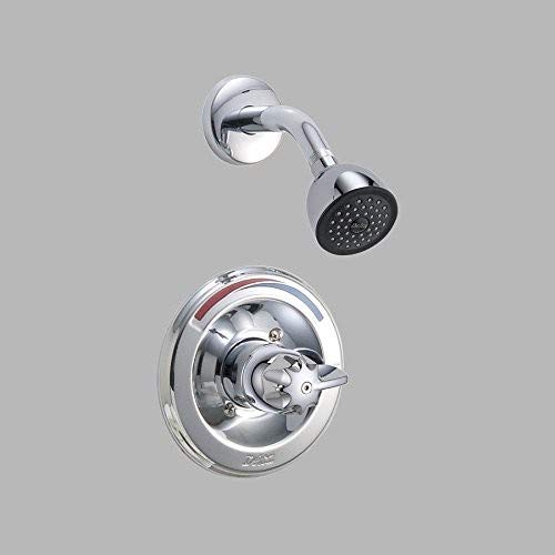 Chrome shower trim set with single blade handle, round trim plate, and overhead showerhead with perforated face.