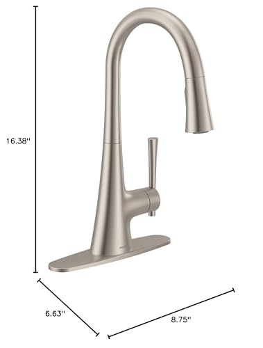 Stainless steel pulldown kitchen faucet with curved spout and single handle, 16.38 inches tall.