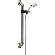 Stainless steel adjustable slide bar with handheld showerhead and hose attached via black clamp bracket.