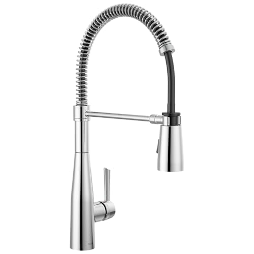 Chrome single-handle pull-down kitchen faucet with coiled spray hose and tapered body.