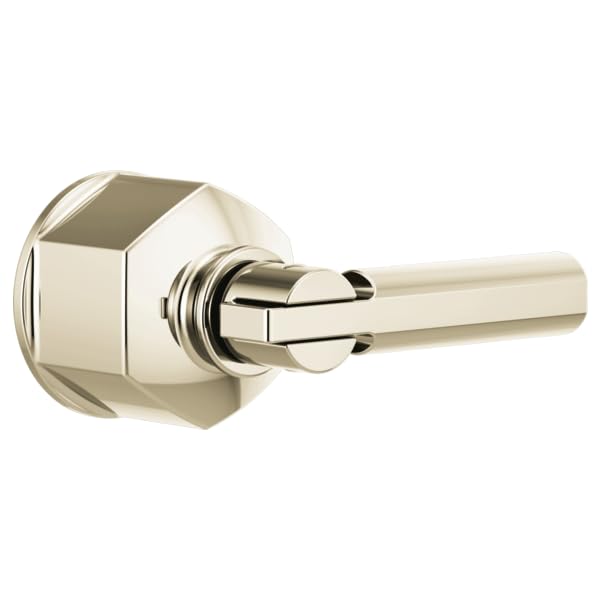 Polished nickel lever handle with hexagonal escutcheon plate and cylindrical stem for thermostatic valve trim.