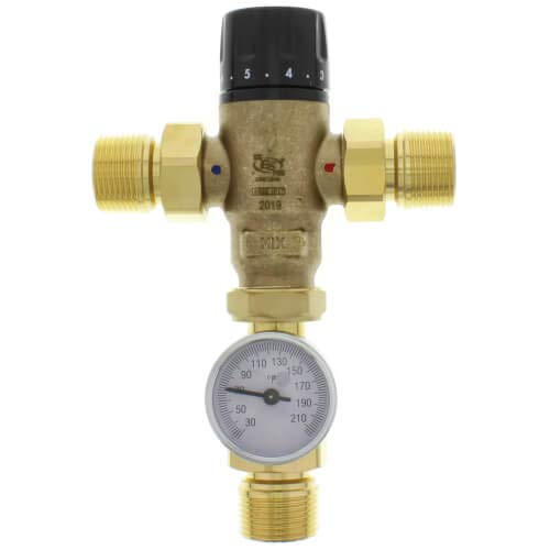 Brass 3-way mixing valve with black adjustment knob and attached temperature gauge showing 30-210 degree range.