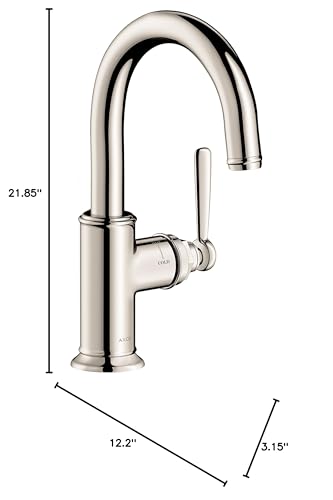 Polished nickel bar faucet with curved spout and single lever handle, 21.85 inches tall.