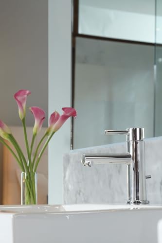 Chrome single-handle bathroom faucet with spout installed on white sink countertop next to pink flowers.