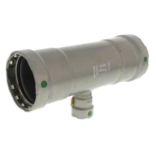 Silver cylindrical press tee fitting with smaller branch outlet and green indicator dots.