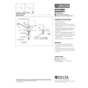 Delta single handle chrome kitchen faucet installation and specification documentation.