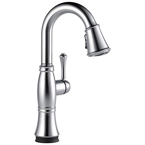 Chrome pull-down bar faucet with single lever handle and tapered spout.