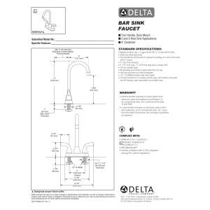 Chrome two-handle bar faucet with curved spout and installation diagram on product documentation.