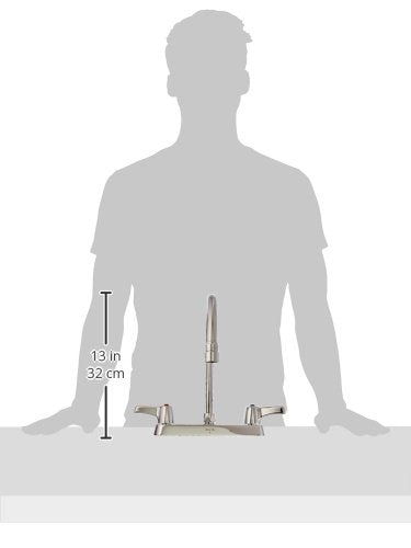 Chrome two-handle deck mount faucet with 8-inch spread and 13-inch tall spout.