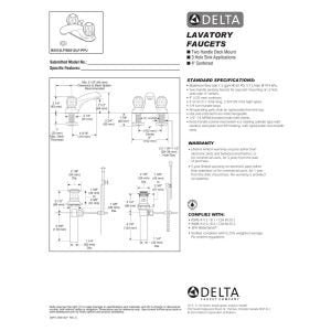 Chrome two-handle centerset bathroom faucet with pop-up drain and installation diagram.