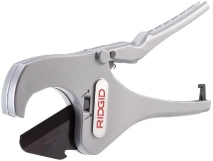RIDGID aluminum ratchet action pipe cutter with gray housing, black rubber grip pad, and adjustable cutting head for 2 inch t