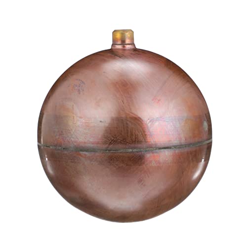 Copper float ball with brass threaded connection post on top and horizontal seam around middle.