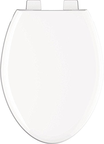 White elongated toilet seat with hinges and slow-close mechanism.