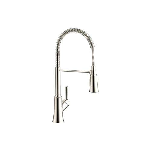 Polished nickel semi-pro kitchen faucet with high arched spout, coiled spray hose, and single lever handle.