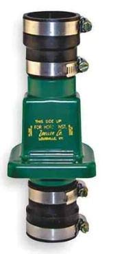 Green PVC union valve with stainless steel bands and black slip connectors on top and bottom.