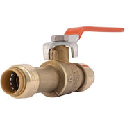 Brass ball valve with 1/2 inch push-to-connect slip fittings and orange lever handle.